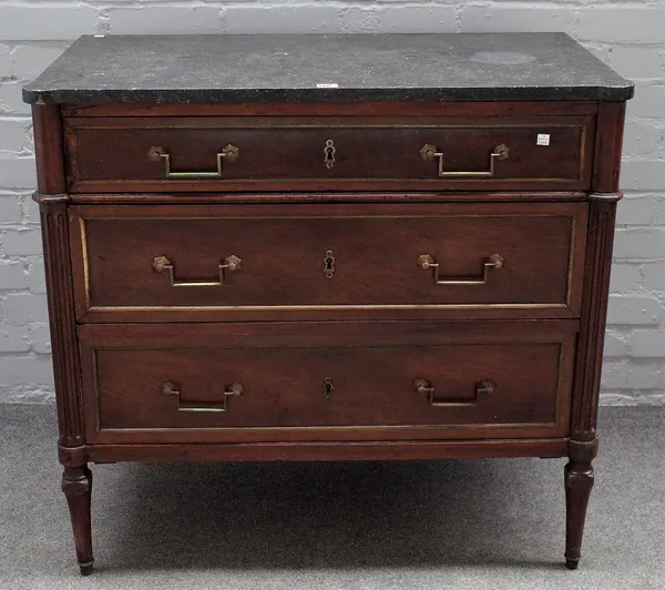 A 19th century French commode, the marble top over a brass mounted mahogany three drawer base on turned supports, 93cm wide x 87cm high.