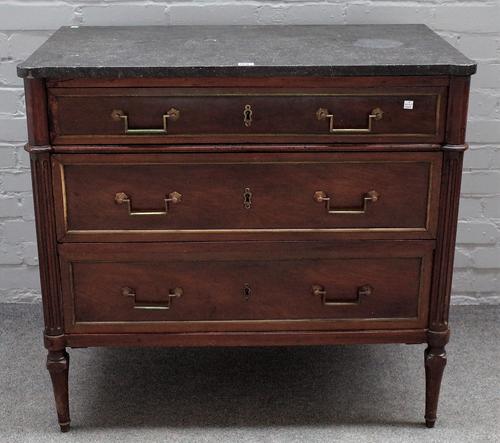 A 19th century French commode, the marble top over a brass mounted mahogany three drawer base on turned supports, 93cm wide x 87cm high.