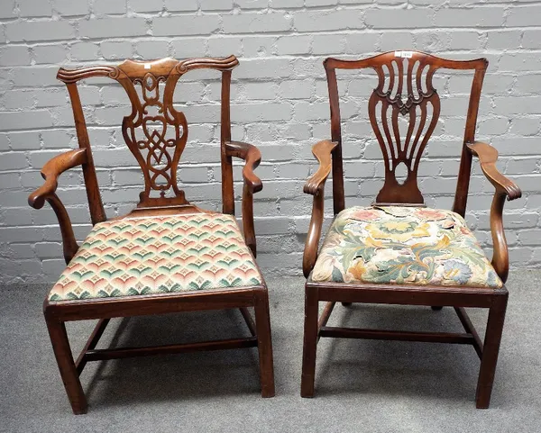 A George III mahogany open armchair, on canted square supports, 60cm wide x 95cm high, together with two matching single chairs and another carver cha