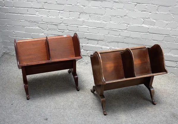 A near pair of mahogany twin section book troughs, each on four downswept supports, 60cm wide x 58cm high.