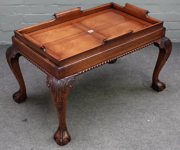 A George I style rectangular mahogany serving tray on stand, 87cm wide x 54cm high.