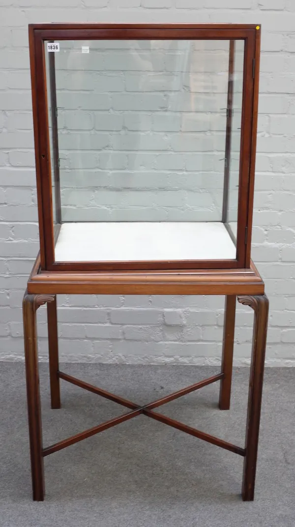 A 19th century free standing mahogany framed display cabinet on channelled block supports, 71cm wide x 148cm high.