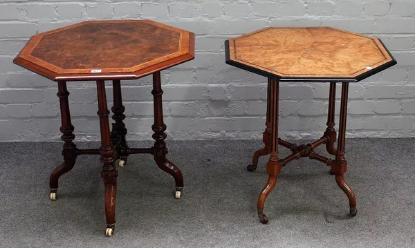 A near pair of Victorian inlaid figured walnut octagonal occasional tables, each approximately 62cm wide x 63cm high.