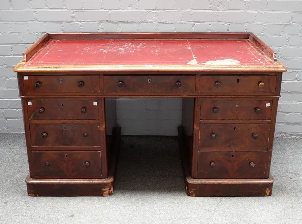 A Victorian mahogany pedestal desk, with nine drawers about the knee, 138cm wide x 76cm deep.