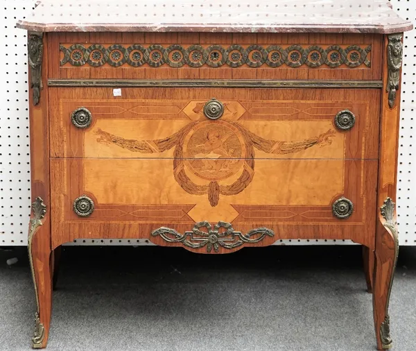 A near pair of Louis XVI style gilt metal mounted marquetry inlaid mahogany marble top three drawer commodes, 111cm wide x 85cm high and 95cm wide x 8