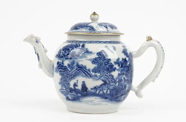 A Chinese blue and white bullet shape teapot, Qianlong, painted with three figures and a water buffalo in a landscape, 16cm high. (2)