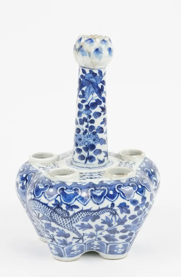 A Chinese porcelain blue and white crocus vase, late 19th century, the lobed bulbous body painted with two dragons amongst flowers, the tapered neck p