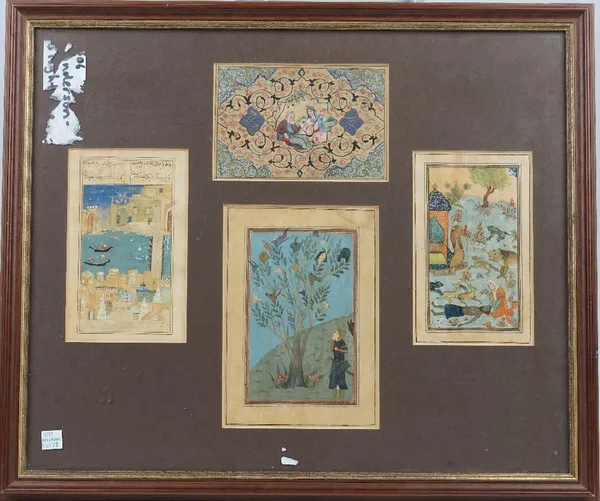 Four Persian miniatures, opaque pigments on paper, painted with figures, animals and a canal scene, largest 16cm x 10cm, glazed and framed as one.