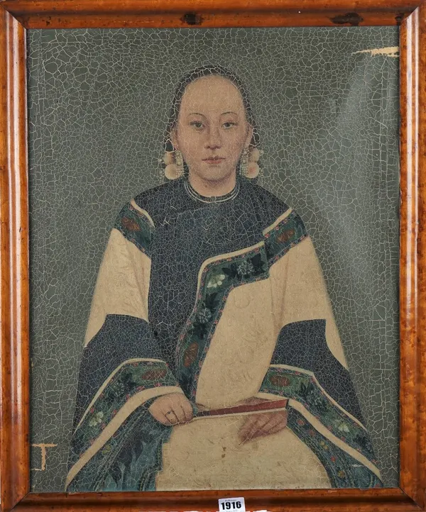 Anglo-Chinese school, 19th century, portrait of a woman seated holding a fan, oil on canvas, 56cm x 44cm, framed.