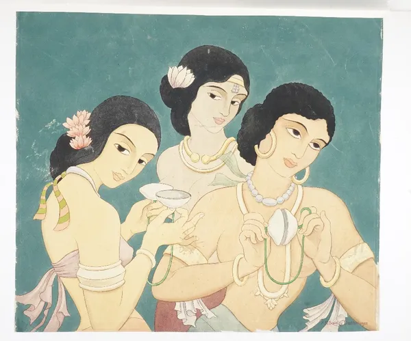 R.E. Savitry Bhattacherjee, `Joueuses de Monjirahs', pen, ink and watercolour on paper, signed and titled on reverse, 45cm x 51cm.