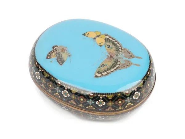 A rare small Japanese cloisonné box and cover by Namikawa Yasuyuki, Meiji period, of oval form, the cover worked with three butterflies against a turq