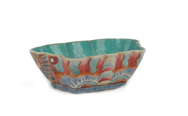 A Chinese famille-rose `butterfly' bowl, iron-red Tongzhi seal mark and probably of the period, the interior of solid turquoise, the exterior with bri