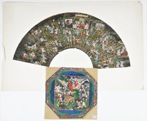 A Canton fan painting, 19th century, gouache on paper laid onto card, painted with a multitude of figures engaged in various activities, (a.f), 54cm w