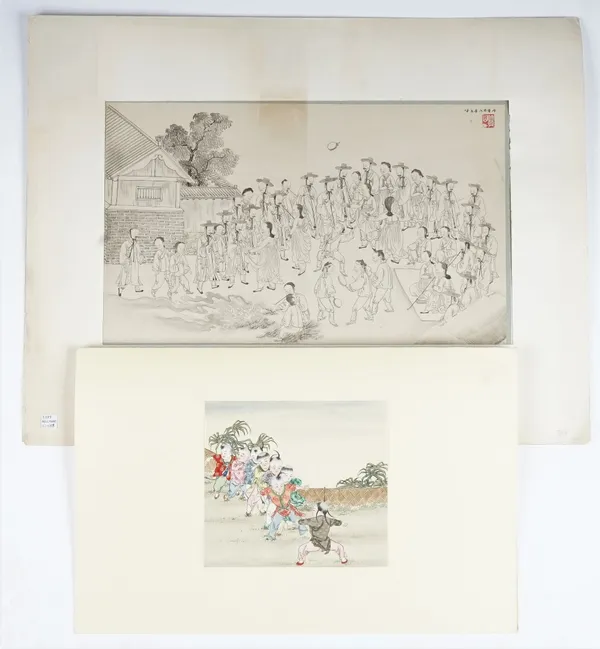 Chinese school, Qing dynasty, a painting of eight boys at play, watercolour on paper, 19cm x 21 cm; also a Chinese picture of figures enjoying festivi