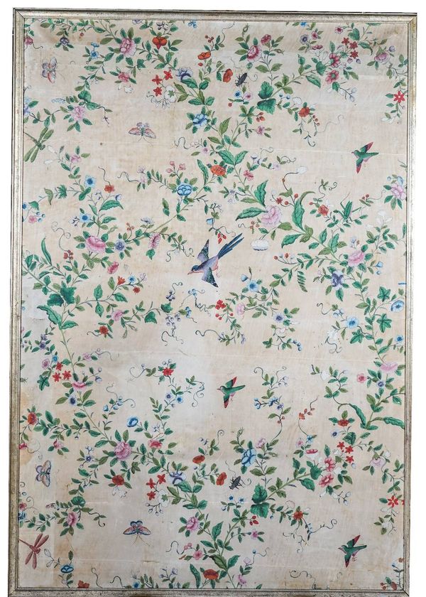 Eight Chinese wallpaper panels, early 19th century, laid onto canvas, each painted in famille-rose enamels with birds and insects amongst flowering br