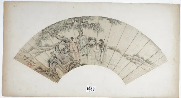 A Chinese fan painting, Qing dynasty, pen, ink and watercolour on card, painted with four figures amongst rocks and trees, signed and with red seal, 5