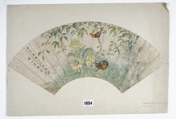 A Chinese fan painting, Qing dynasty, watercolour on card, painted with three chicks beneath a bird perched in flowering branches, signed and with red