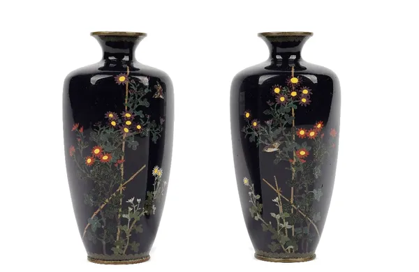 A small pair of Japanese cloisonné vases by Hayashi Chuzo, Meiji period, each slender panelled body worked with a bird amongst flowering chrysanthemum