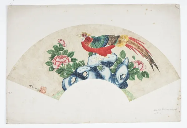 A Chinese fan painting, Qing dynasty, watercolour on card, painted with a pheasant perched on rocks amongst flowering peony, signed and with red seal,