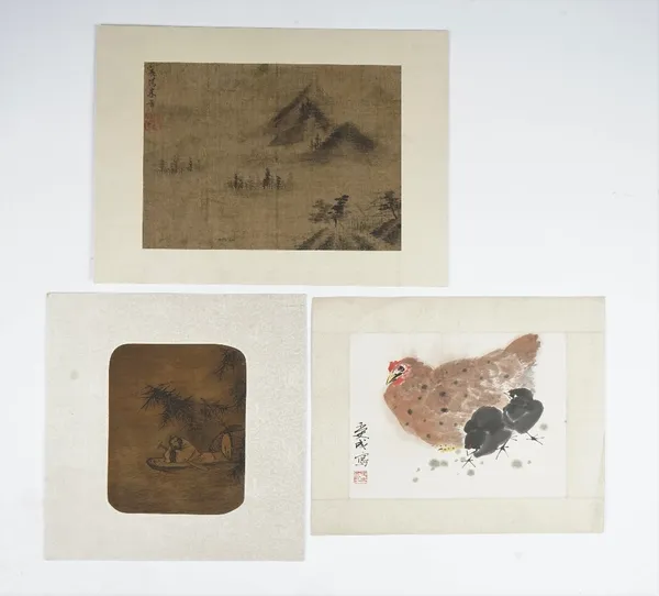 A Chinese fan painting, probably 19th century, ink on silk mounted on card, depicting a figure asleep in a sampan, painting 21.5cm by 17cm; also a lan