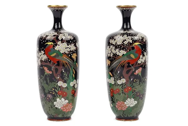 A small pair of Japanese cloisonné vases, Meiji period, of slender ovoid form, each worked with a pheasant perched in flowering branches against a mid