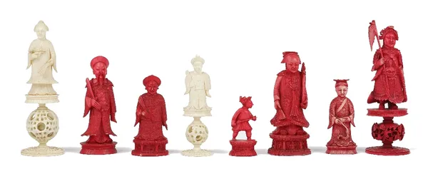 A group of eight Chinese carved ivory chess pieces, six stained red and two natural, 6cm to 13cm high. (8)