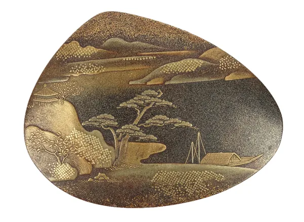 A Japanese gold lacquer kogo (incense container), of shell form, decorated with a river landscape, the underside and interior of nashiji , 9.5cm wide.