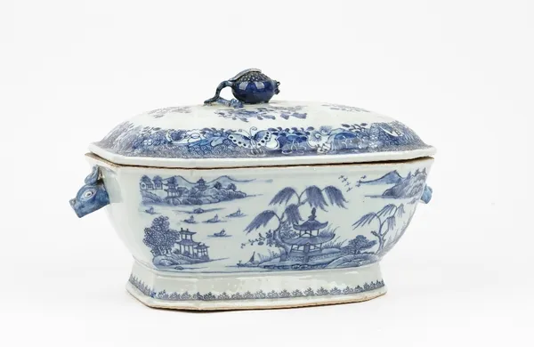 A Chinese export blue and white tureen and cover, Qianlong, of canted rectangular form set with hare's head handles, the tureen painted with river lan