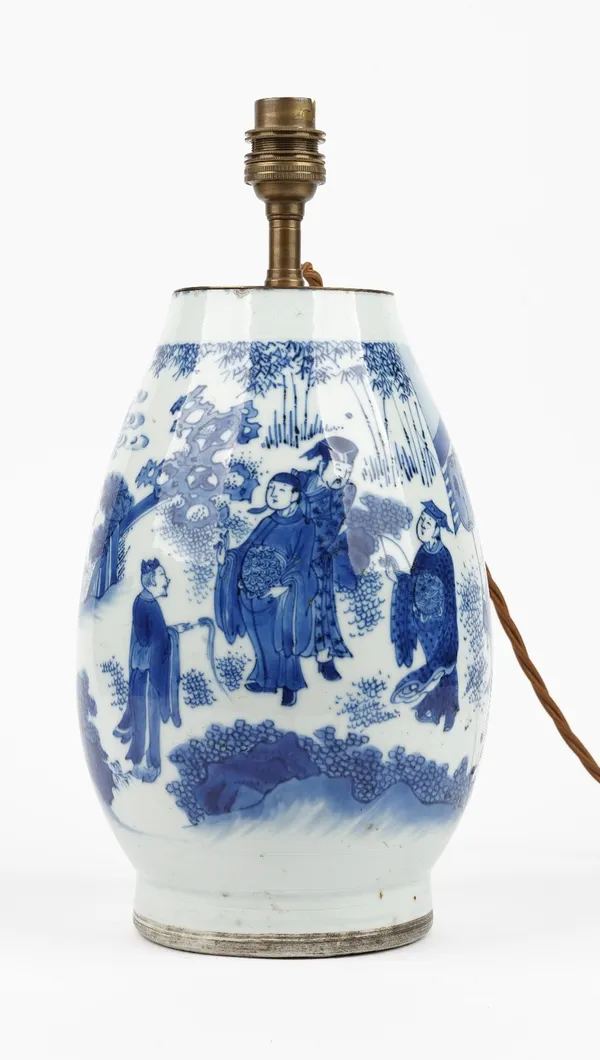 A Chinese blue and white vase adapted as a lamp, Transitional period, mid 17th century, the slender ovoid body painted with officials and attendants i