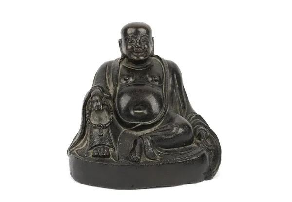 A Chinese bronze figure of Budai, Qing dyanasty, cast seated holding prayer beads in his right hand, 15cm high.