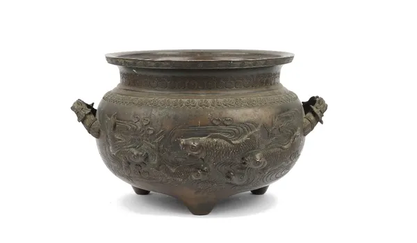 A large Chinese two-handled bronze jardiniere, circa 1900, cast in relief with fish in a pond, sixteen character mark to base, 30.5 cm diameter x 24cm