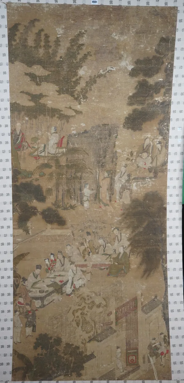 A large Chinese hanging scroll, possibly 18th century, ink and colour on silk, later mounted and laid on board, painted with figures at leisure in a l