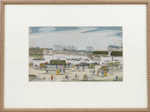 Indian school, 18th century style, view of Paris, ink and watercolour on paper, 21cm x 36cm, mounted, framed and glazed.