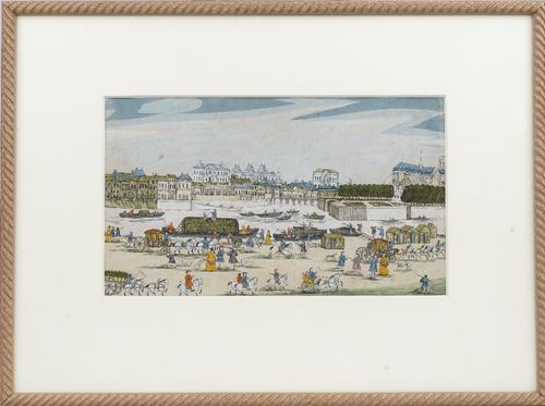 Indian school, 18th century style, view of Paris, ink and watercolour on paper, 21cm x 36cm, mounted, framed and glazed.