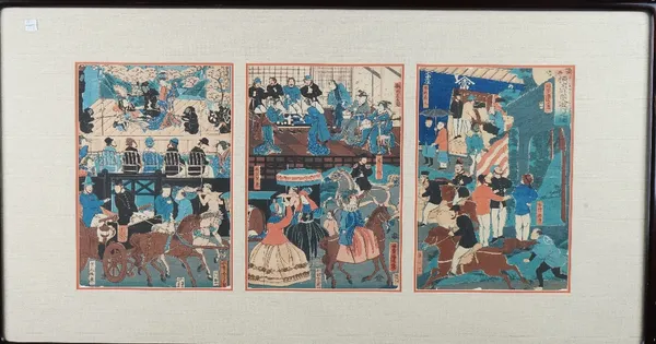 Two Japanese woodblock triptychs, comprising, Ikkei Shoshai ( fl. circa 1870's), `The Steam Engine of Takagan Railroad' and Utagawa Yoshitora (active