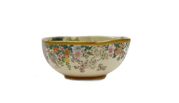 An unusual Japanese Satsuma hexagonal bowl, Meiji period, the interior painted with a solitary figure in an extensive river landscape, the exterior pa