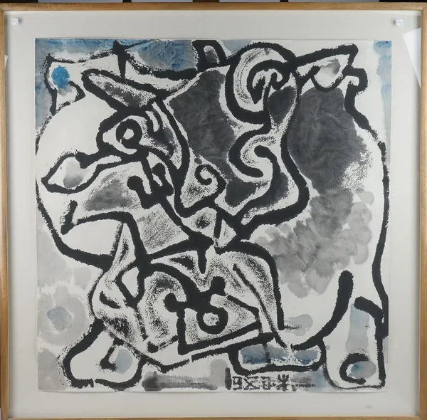 Yuan Yunsheng (b.1937), Playful ox, grey, black and blue wash, 100cm x 101cm. Provenance: with Blunden Oriental, London, June 1993.