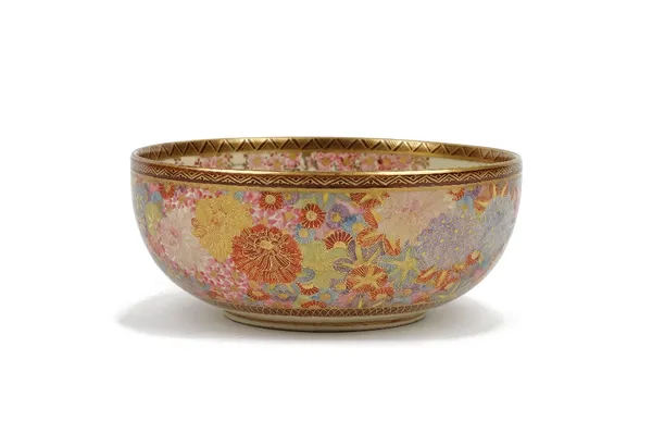 A Japanese Satsuma bowl, 20th century, the interior painted with birds amongst flowering shrubs, the exterior painted with densely packed flowers, sig