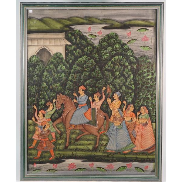 A large Indian painting, 20th century, opaque pigments on silk, depicting Krishna on horseback with the gopis walking alongside, 99cm x 77cm, framed a