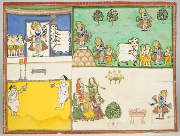 Four Indian paintings depicting scenes from the life of Krishna, Rajasthan, 19th century, opaque pigments on paper, and two text leaves, 25cm x 34cm.