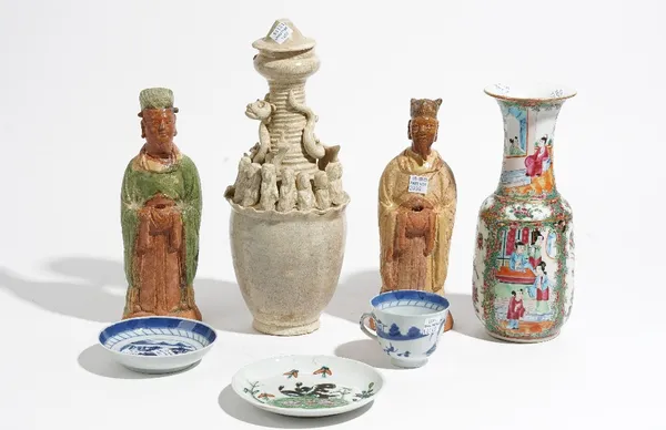 A group of Chinese ceramics, various dates, comprising; a small funerary vase and cover, probably Song dynasty,  31.5cm high; a small Canton famille-r