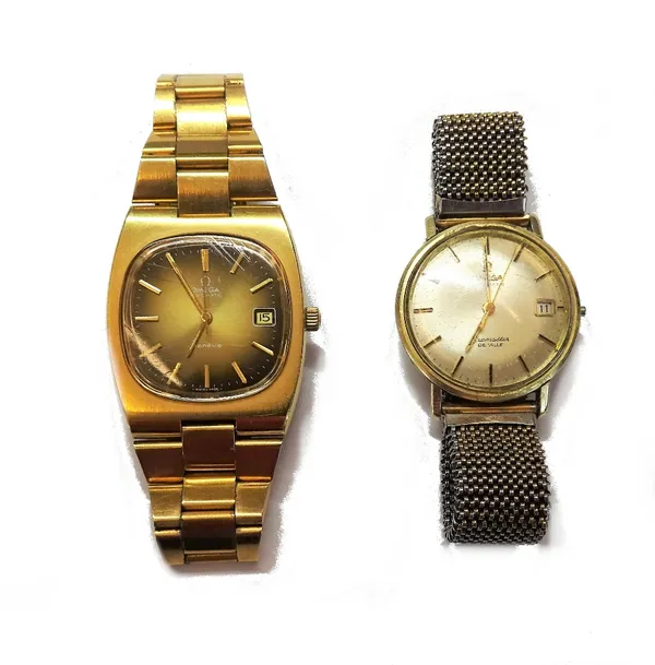 An Omega Automatic gilt and steel gentleman's bracelet wristwatch, the signed dial with gilt baton numerals, gilt hands, centre seconds and with a dat