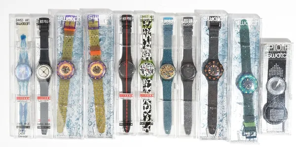 Eleven wristwatch, comprising; four Swatch Scuba 200, two Swatch Quartz, four Swiss Art Swatch and one Pop Swatch, with individual plastic cases, (11)