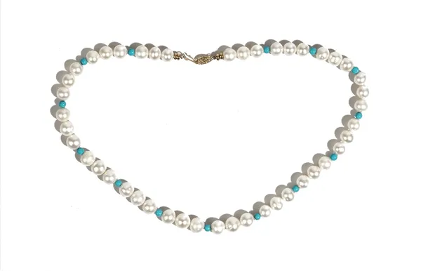 A single row necklace of freshwater cultured pearls, spaced with smaller turquoise beads at intervals, on a gold clasp, detailed 14 K, length includin