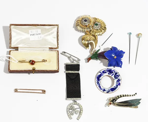 A gold and enamelled bar brooch, with a ladybird motif, cased and nine further brooches and pins, (10)