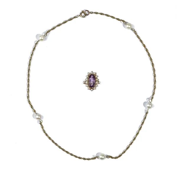 A gold, amethyst and cultured pearl set marquise shaped cluster ring, detailed 9 CT, ring size N and a gold multiple link neckchain, spaced with five