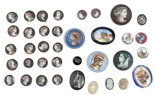 A group of twenty similar enamelled plaques, depicting Classical portraits, ten further enamelled plaques, mostly depicting Classical portraits and bu