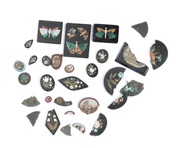 Three rectangular pietra dura plaques depicting butterflies, eight pietra dura small plaques having floral motifs, four Roman small mosaic plaques and