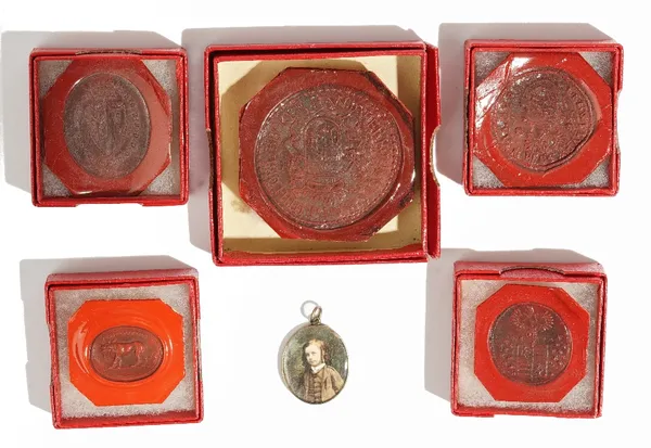 A small oval portrait miniature pendant, of a youth in 17th century costume and a group of five red wax seal impressions, having individual boxes.