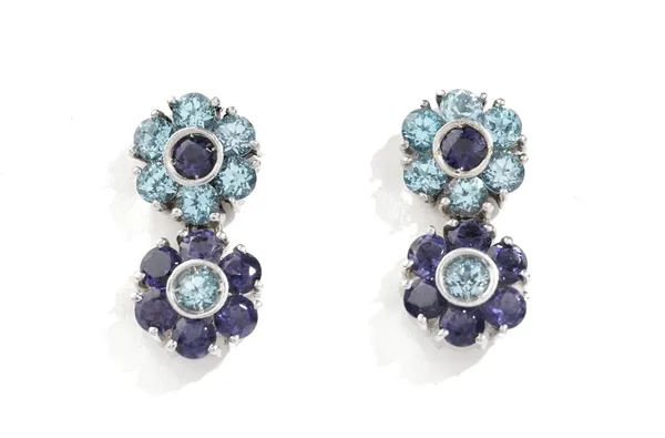 A pair of Gemelli white gold, pale blue and mauve gem set earstuds, each in a twin cluster design, one detailed to the back Gemelli and the other deta